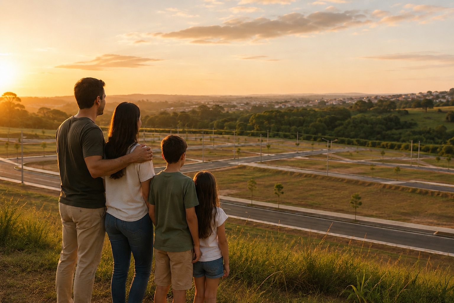 Família ao pôr do sol sobre o loteamento Rio Comprido