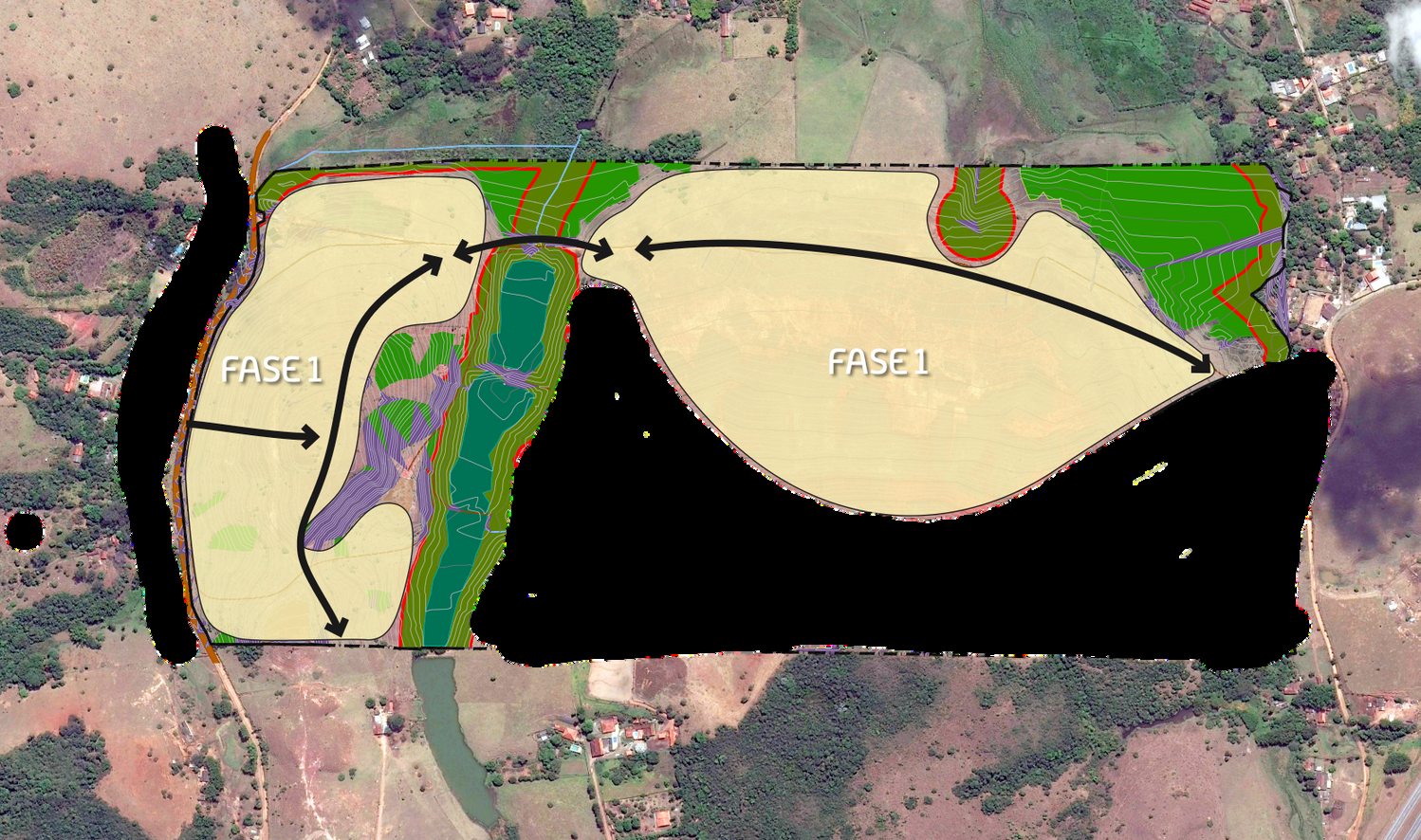 Masterplan do loteamento com demarcação da Fase 1 e Fase 2 sobre imagem de satélite